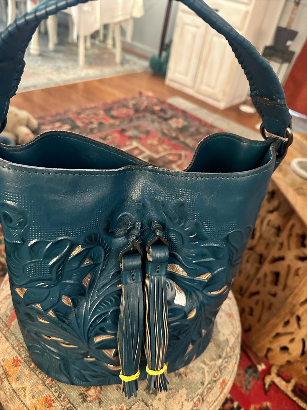 Patricia Nash ‘ Octavia’ Blue Tooled Leather Tassel Hobo Bag. NWOTs - Picture 7 of 14
